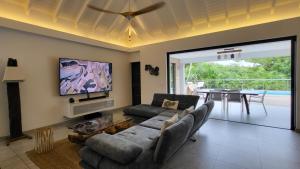 een woonkamer met een bank en een flatscreen-tv bij Villa JELO - 2 Suites 2.5 Sdb Piscine & SPA* * * * in Saint Barthelemy