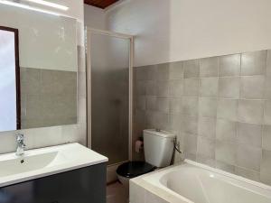 uma casa de banho com um lavatório, um WC e uma banheira em VILLA DES PALMIERS em Le Marin