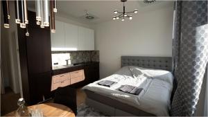 a bedroom with a bed and a sink and a table at LUXURY APARTMENT IN CITY CENTRUM by OTA group in Bratislava
