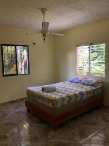 1 dormitorio con 1 cama en una habitación con 2 ventanas en Típica casa dominicana a 12 minutos de la playa, en Las Galeras