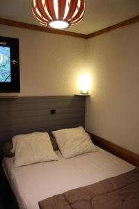 Un dormitorio con una cama con dos almohadas y un televisor. en Résidence Les Epervieres - Appartement dans chalet au calme, à l'orée de la forêt MAE-4394, en Villarodin-Bourget
