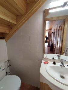 Un baño con lavabo, inodoro y espejo. en Casa Rural La Maestra, en Sigüés