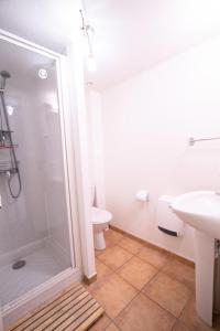 y baño con ducha, aseo y lavamanos. en Les Chalets Petit Bonheur - Chalets pour 6 Personnes 474, en Villarodin-Bourget