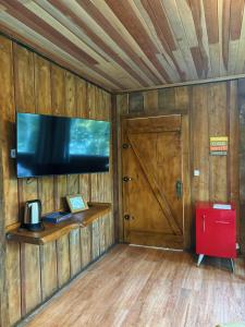 a room with a wooden wall with a tv and a door at Chácara Caminho das Águas in Piraquara