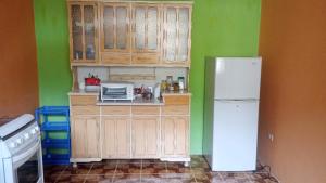 Il comprend une cuisine dotée d'un réfrigérateur blanc et de murs verts. dans l'établissement Teach Huaraz Peru, à Huaraz