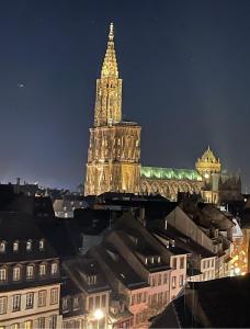 een gebouw met 's nachts een klokkentoren bij La Rose in Straatsburg