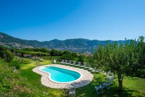 - une vue sur la piscine bordée de chaises et d'arbres dans l'établissement Casa Pendola, à Agerola