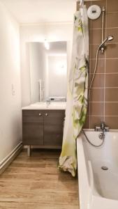 baño con lavabo y cortina de ducha en Résidence La Petite Ourse - 3 Pièces pour 6 Personnes 62, en Flaine