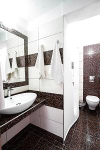 a bathroom with a sink and a toilet at Villa Iliovasilema Santorini in Akrotiri