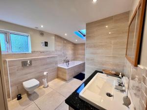 a bathroom with a sink and a toilet and a tub at Ashfield Bed & Breakfast in Belfast