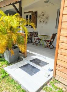 un patio con mesa, sillas y una planta en Appartement - Résidence piscine La Villa Bèl, en Sainte-Anne