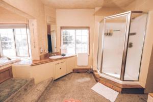 een badkamer met een douche en een wastafel bij Beautiful Dome in Crestone