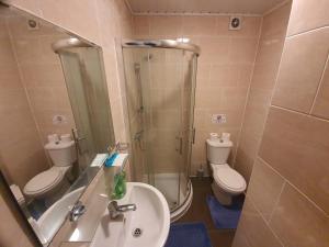 ein Bad mit einer Dusche, einem Waschbecken und einem WC in der Unterkunft London Ilford Rooms in Goodmayes