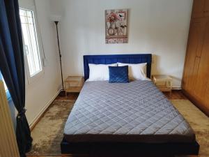 a bedroom with a blue bed with a blue comforter at Kastraki House with a view in Kastrákion