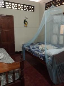 a bedroom with a bed with a mosquito net at El Güis hostel in Balgue