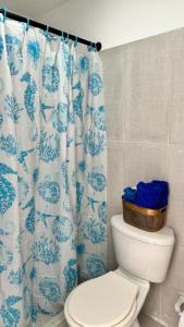 a bathroom with a toilet with a blue and white shower curtain at Marbar Cartagena Hostel in Cartagena de Indias