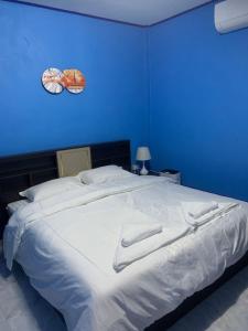 a blue bedroom with a large bed with a blue wall at Blue Sky Home stay 