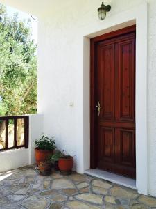 a wooden door on the side of a house with potted plants at Gaia Apartments By Villa Kokkoni in Marathokampos