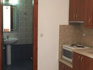 a kitchen with a sink and a stove top oven at Gaia Apartments By Villa Kokkoni in Marathokampos