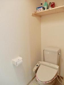 a small bathroom with a toilet and a shelf at Hirafu House 8 in Kutchan