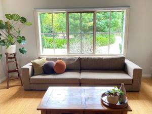 a living room with a couch and a large window at Farmhouse in the heart of wine country, 10 minutes to beach in Hastings