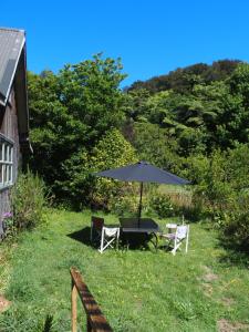 a table and two chairs and an umbrella in the grass at Woodland eco retreat in Parapara 