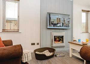 a living room with a couch and a fireplace at Wareham Forest Lodge Retreat in Lytchett Minster