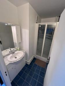 y baño blanco con lavabo y ducha. en Beau Duplex Cenon résidence calme, vue arborée, en Cenon