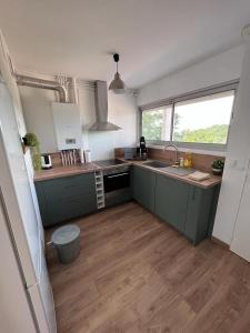 een keuken met groene kasten en een houten vloer bij Beau Duplex Cenon résidence calme, vue arborée in Cenon