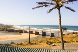 a palm tree next to a beach with a bridge at Sea Fever Lodge in Umkomaas