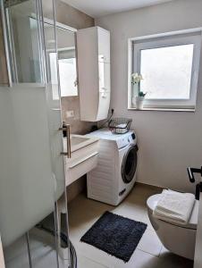 La salle de bains est pourvue d'un lave-linge et d'une fenêtre. dans l'établissement Bietigheimer Hideaway - Modern und Gemütlich, à Bietigheim