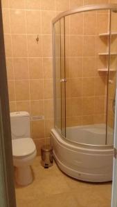 ToparにあるЗона Отдыха Тихий Заливのバスルーム(トイレ、ガラス張りのシャワー付)