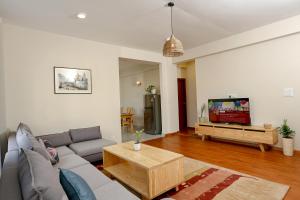 - un salon avec un canapé et une télévision dans l'établissement Om Stay Apartments, à Katmandou