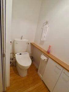a bathroom with a white toilet and a wooden floor at Hirafu House 7 in Ōmagari