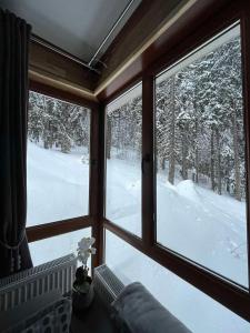ein Zimmer mit einem Fenster mit Schnee außerhalb des Zimmers in der Unterkunft Elizi1winter apartments Pamporovo in Pamporowo