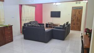 Sala de estar con 2 sofás y TV en Tellis Villa en Arusha