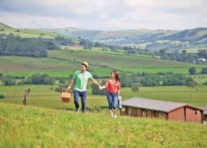 um homem e uma mulher a descer uma colina de mãos dadas em Trewythen Lodges em Caersws