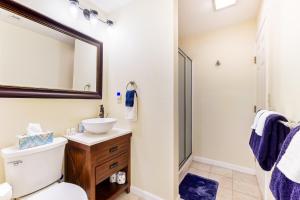 a bathroom with a toilet and a sink and a mirror at Up on Tanner Trail in Waynesville +16 photos
