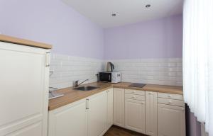 a kitchen with white cabinets and a sink and a microwave at LeConte in Druskininkai