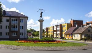 a statue of a man on a pole in a city at LeConte in Druskininkai