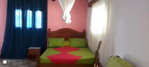 una camera con un letto con una coperta verde e rossa di Maison d'hôtes Villa Mont du Pèlerin à Toamasina Madagascar a Toamasina