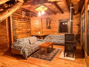 ein Wohnzimmer mit einem Sofa und einem Holzofen in der Unterkunft Aynştayn Chalet in İznik