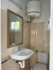 a bathroom with a sink and a toilet and a mirror at Apartamentos Cana Sofía in Cala Llonga