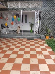 Suryalaxmi guest house في غاواهاتي: كلب يجلس أمام منزل ذو أرضية متقلصة