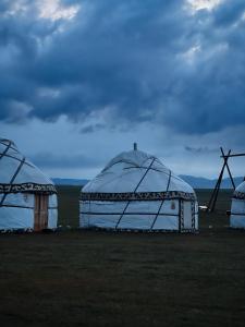 a couple of domes sitting on top of a field at Ulush Yurts in Naryn