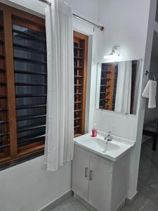 een badkamer met een witte wastafel en een spiegel bij ZEAL HOMES And Apartments Koothattukulam in Kuttāttukulam