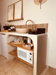 um balcão de cozinha com um lavatório e um micro-ondas em LoveRoom, La suite de l’extase em Puget-sur Argens