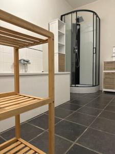 a bathroom with a shower and a tiled floor at Au coron des Anges ( Havré ) in Mons