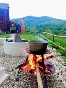 a pot sitting on top of a grill over a fire at Bellevue Chalet in Râşnov
