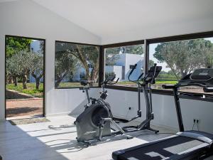 Villa Alexia - San Jose في Sant Francesc de s'Estany: غرفة مع صالة ألعاب رياضية مع آلة ركض ونوافذ